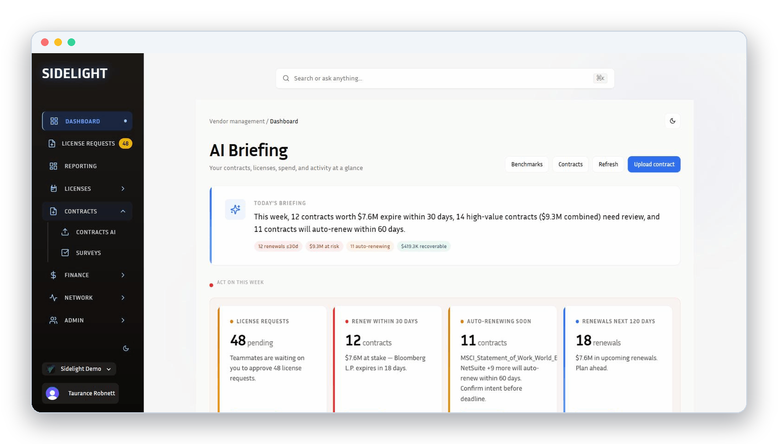 Sidelight AI Briefing dashboard